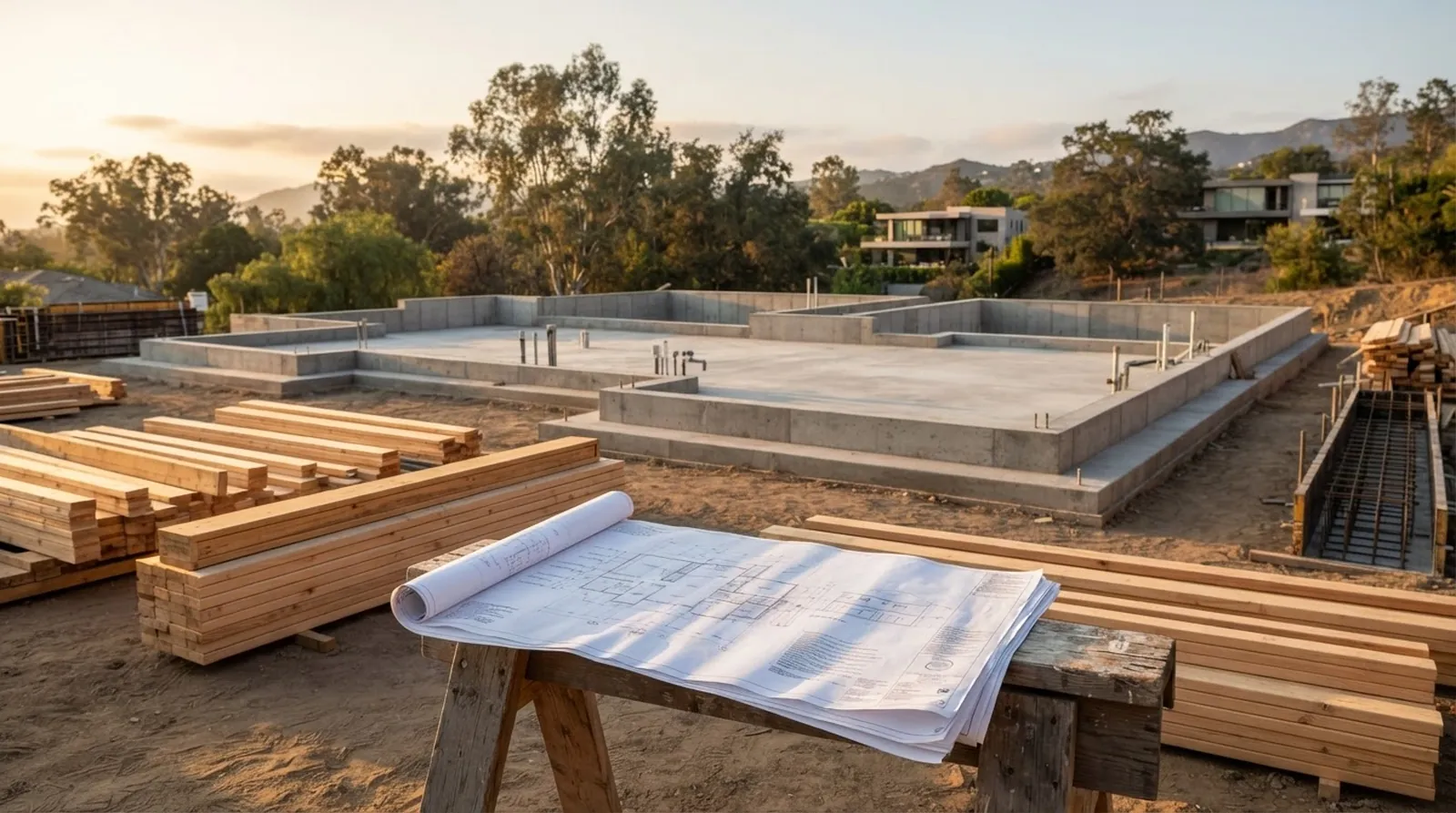 A pristine concrete foundation for a modern home, surrounded by lumber, with approved city building plans on a sawhorse in the foreground.