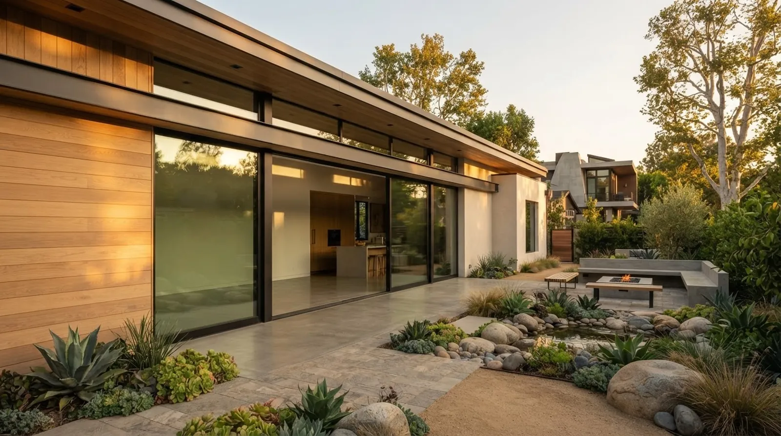 A bright modern home addition featuring natural oak finishes, large sliding glass doors, and clean architectural lines opening to a courtyard.