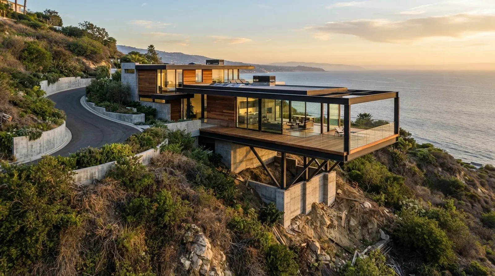 A steep brush-covered slope overlooking the ocean with a narrow access road and exposed foundation caissons