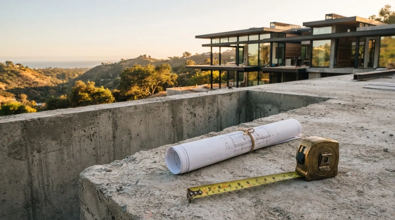 A roll of architectural blueprints resting on a raw concrete foundation next to a brass tape measure.