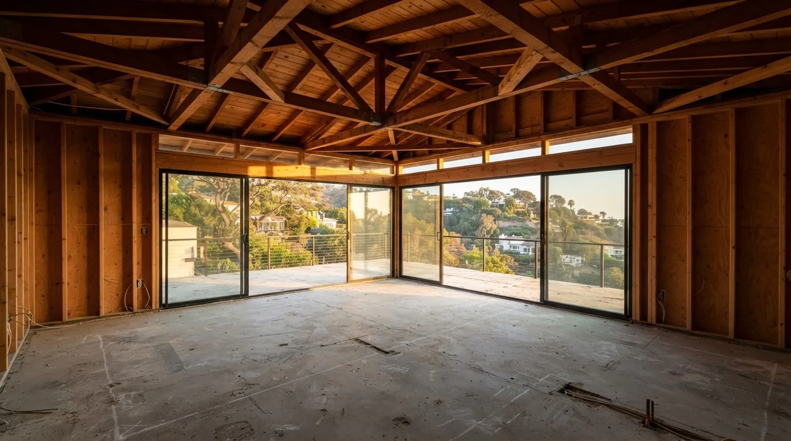 A wide shot of a stripped-down mid-century living room during framing with sunlight hitting exposed Douglas fir beams over a concrete subfloor.