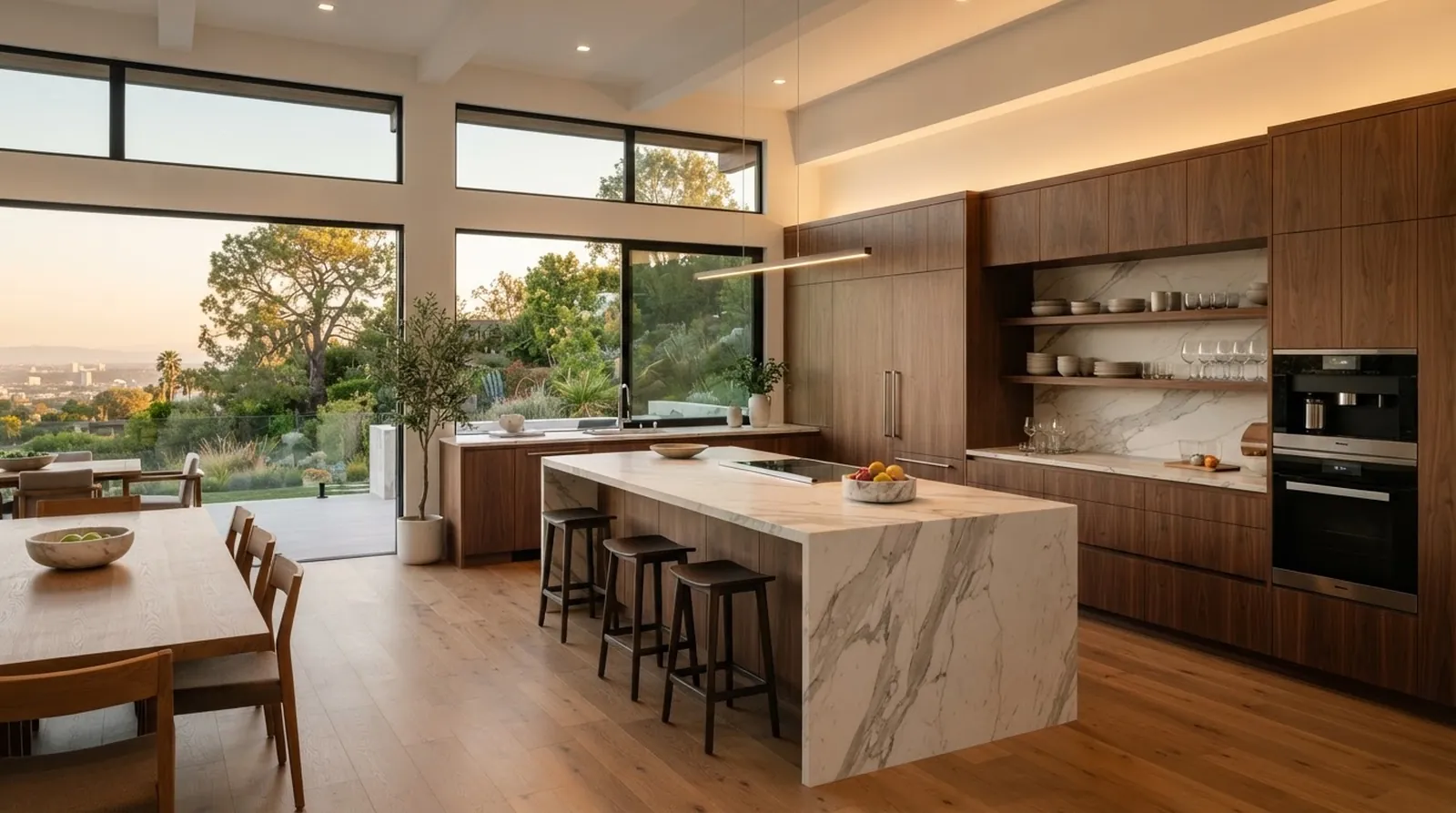 A wide shot of a modern luxury kitchen featuring flat-panel walnut cabinetry and a monolithic marble waterfall island.
